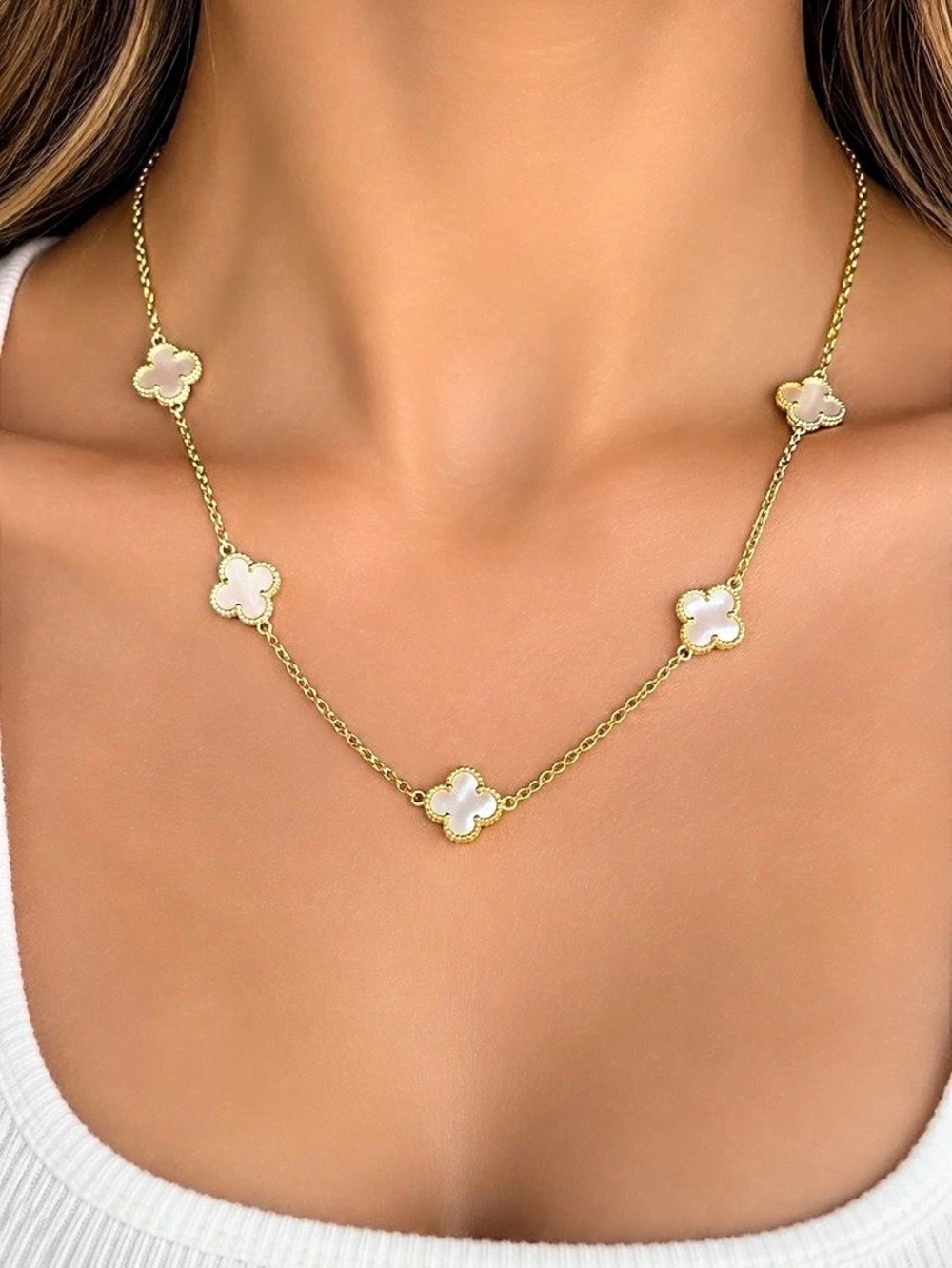 18K Gold Plated White Clover Station Necklace | Elegant Mother of Pearl Inspired